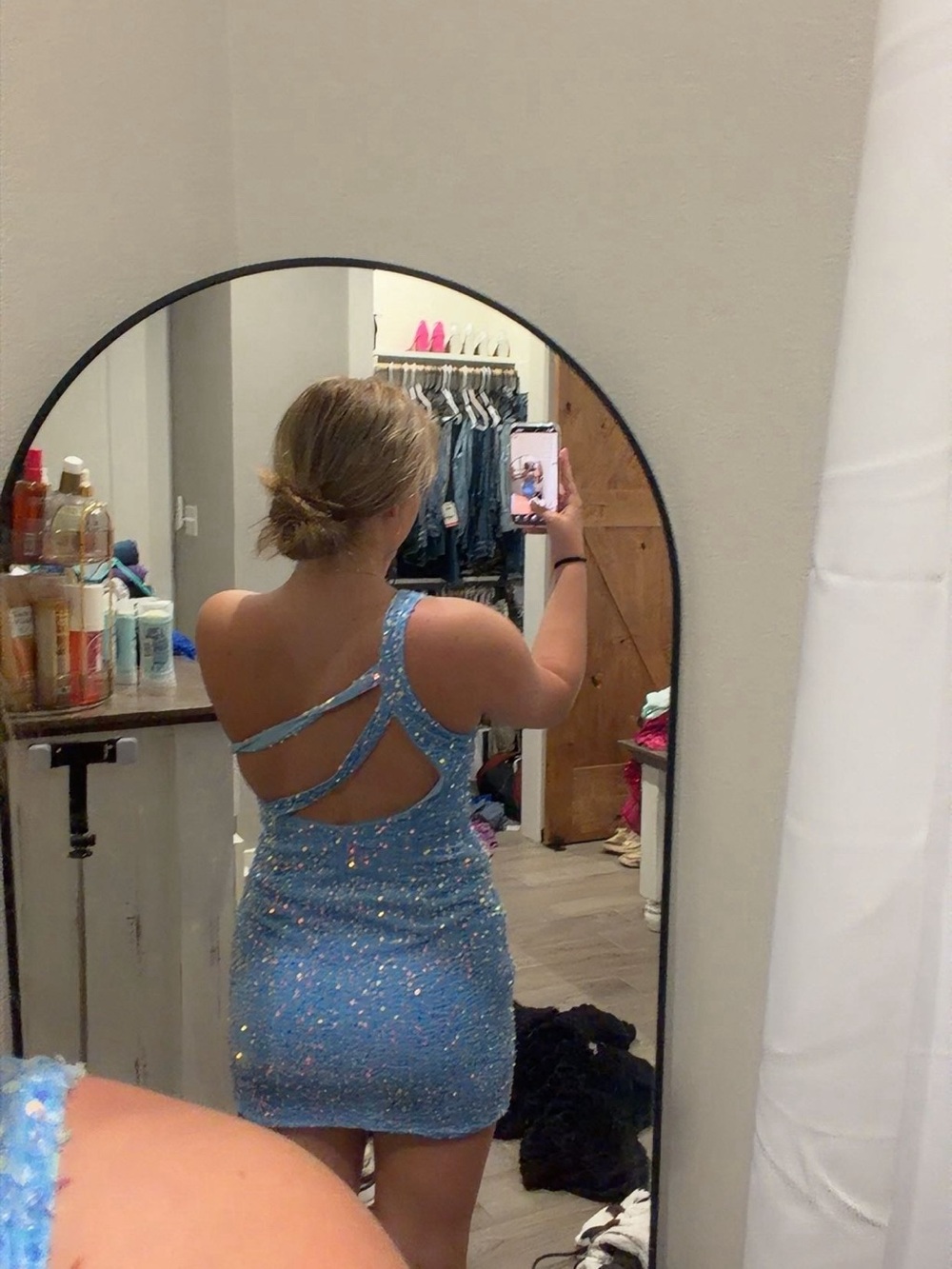 Amazon One-Shoulder Light Blue Sequin Mini Dress - Picture 2 of 2